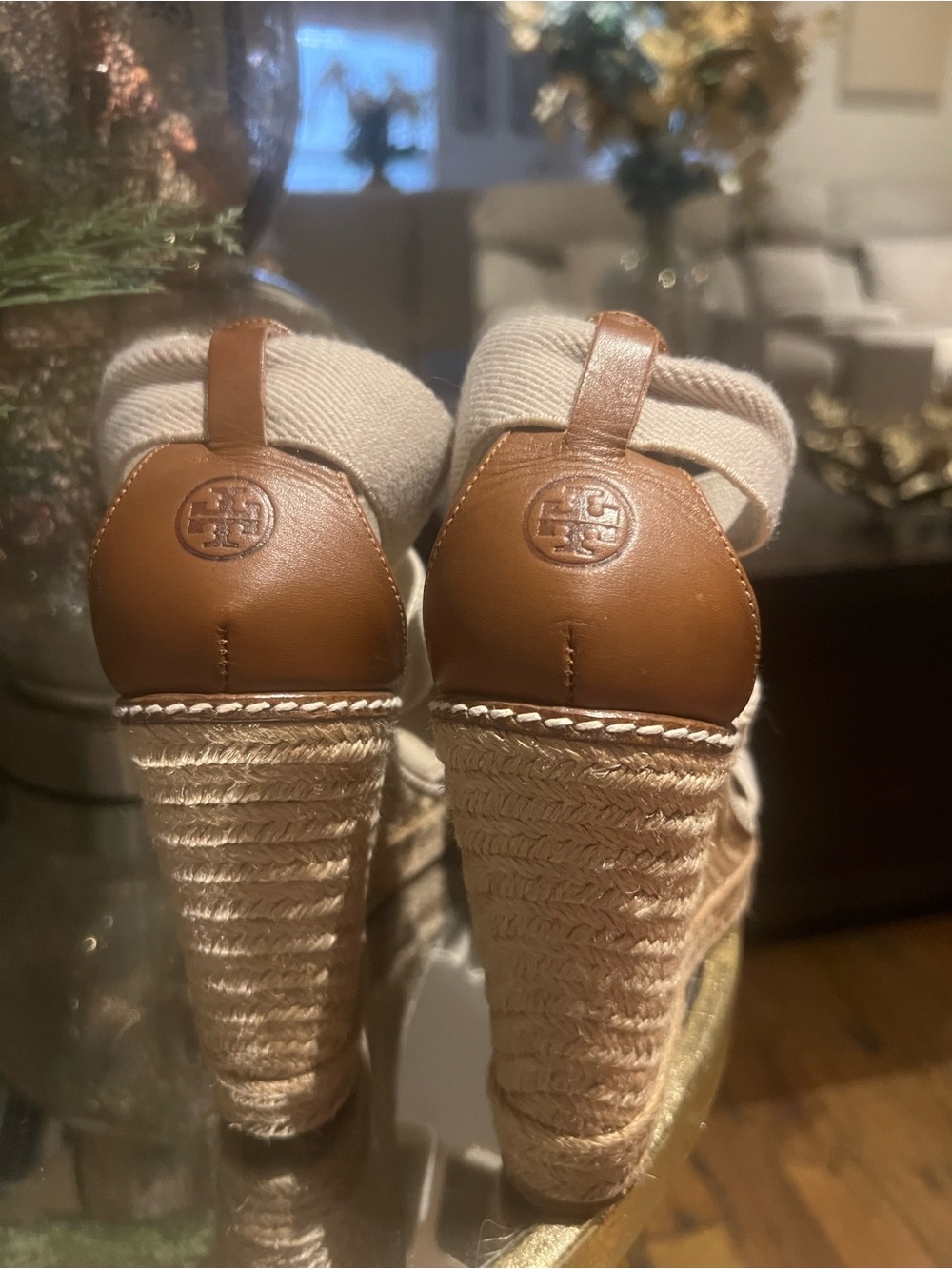 Tory Burch Tan Leather & Canvas Espadrille Wedges